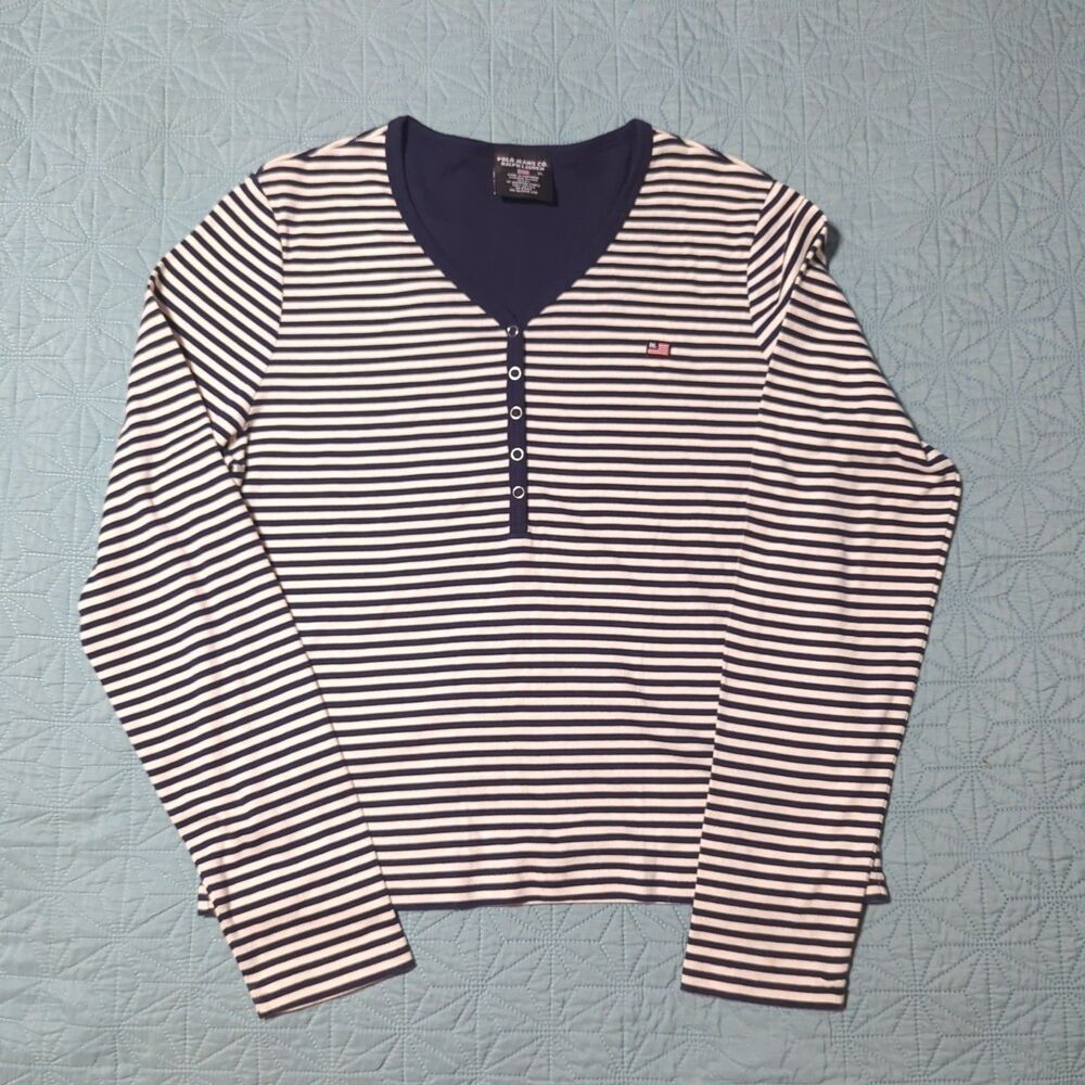 Polo Jean Co. Vtg RLauren Blue White Striped Henley Long Sleeved Women's Sz XL